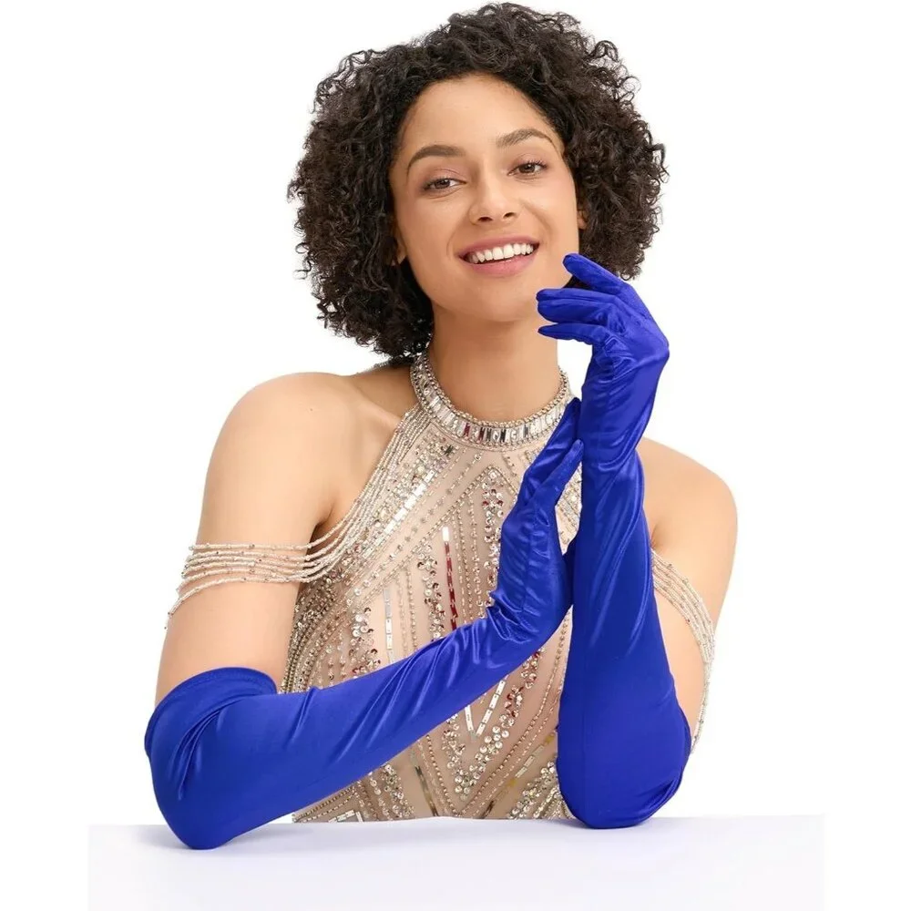 Women's Evening Royal Blue Satin Gloves Elbow Length Formal Party Prom Wear